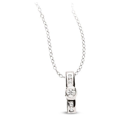 Elegante Silber Anhänger Kette mit vertikalem Anhänger aus 925er Silber, besetzt mit drei weißen Zirkonia-Steinen, auf hellem Hintergrund fotografiert