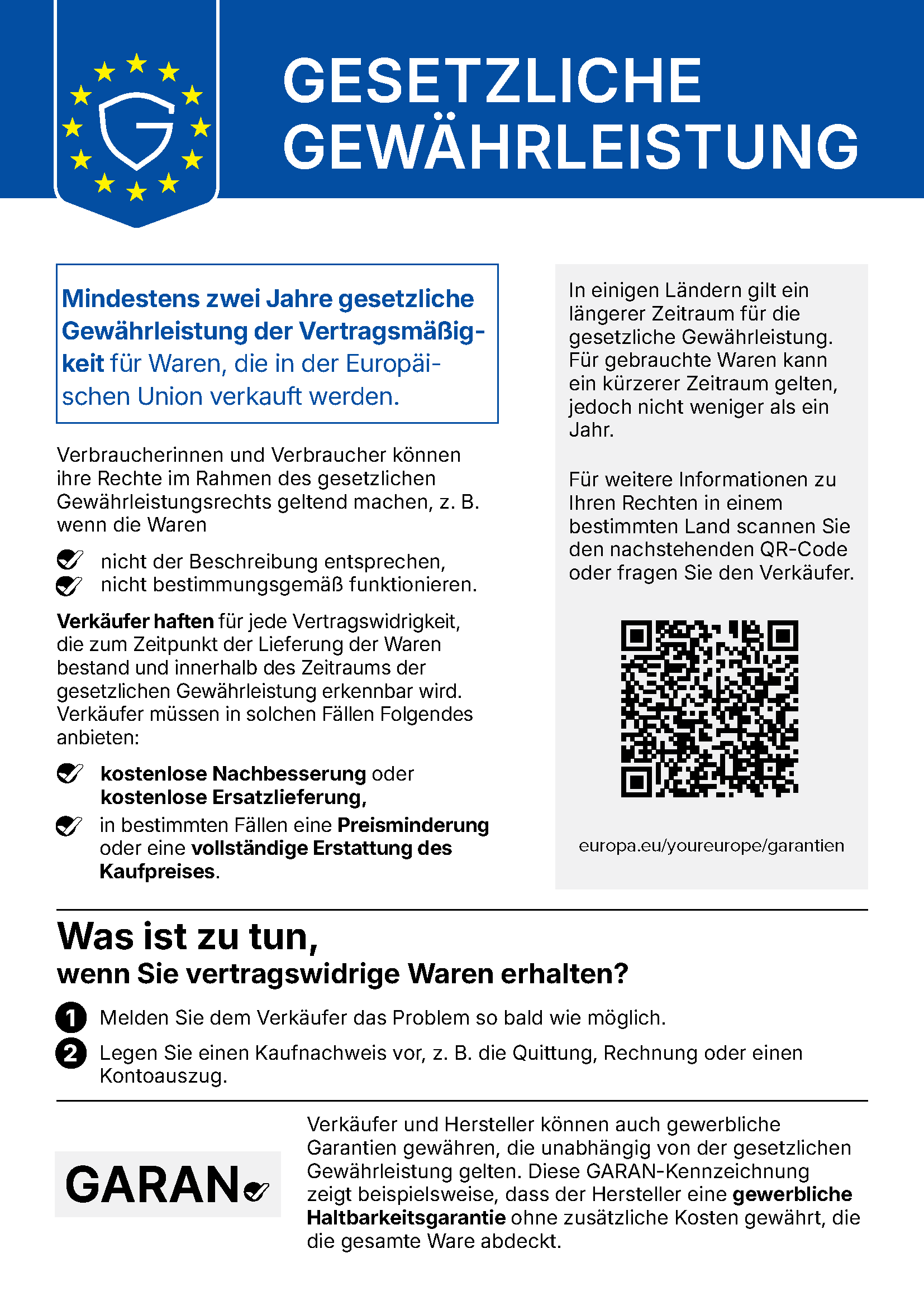 Gesetzliche Gewährleistung - amtliche Mitteilung der Europäischen Union über mindestens zwei Jahre Gewährleistung für Waren, die in der EU verkauft werden - Echtschmuck