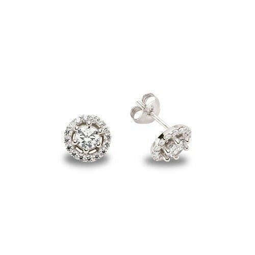 Paar elegante Silberohrringe mit weißen Zirkoniasteinen, die durch ihr filigranes Design und ihren funkelnden Reiz bestechen. Echtschmuck.shop