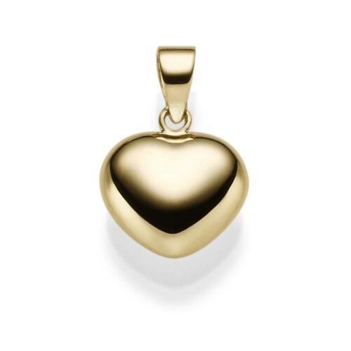 Nahaufnahme eines polierten Herz-Anhängers aus Gold Detailansicht eines 3D-Herz-Anhängers Hochwertiger Herz-Anhänger aus 14 Karat Gold Schmuckstück in Herzform an einer Kette