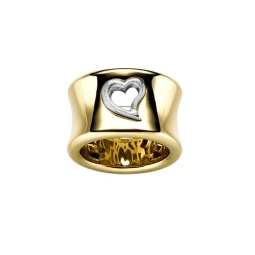Alt-Text für das Bild eines goldenen Rings mit Herz: Ein goldener Ring mit einem Herz in der Mitte. Der Ring ist aus poliertem Gold und hat eine glatte Oberfläche. Das Herz ist leicht erhaben und hat eine facettierte Oberfläche.