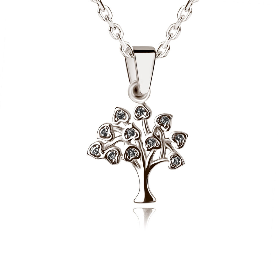 Lebensbaum Herzchen Anhänger aus Silber Zirkonia weiß mit herzförmigen Blättern und funkelnden Steinen als Symbol für Liebe und Stärke